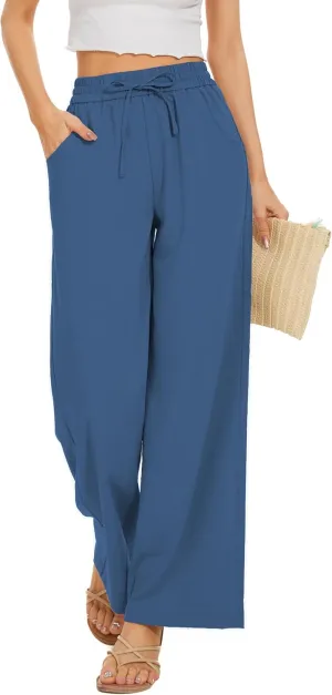 Women Pants Flowy Pants Drawstring Waist Wide Leg Palazzo Beach Pants Loose Fit with Pockets