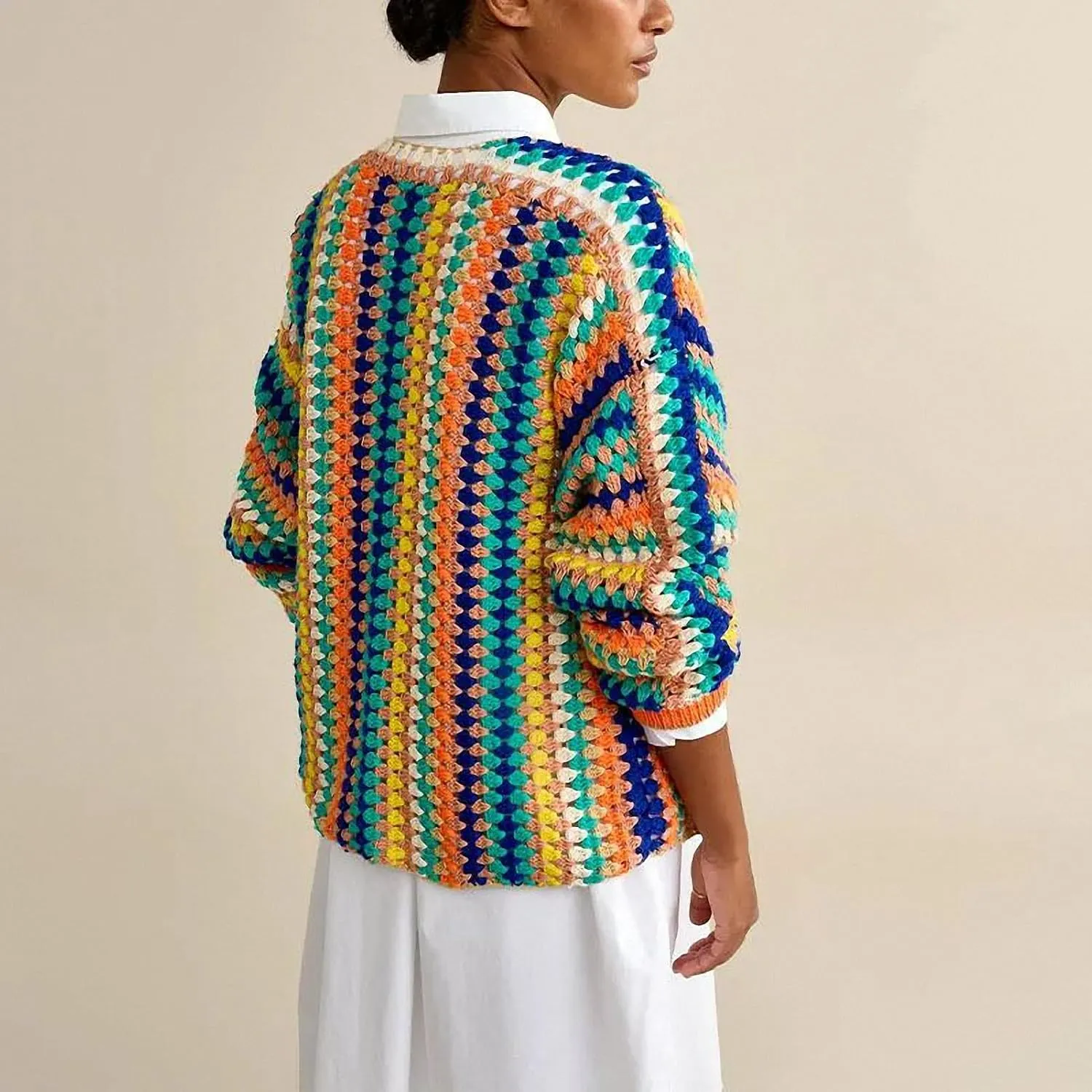 Women Rainbow Contrast Print Crochet Block Stripe Cardigan Sweater Casual Loose Long Sleeve Knitted Bohemian Outerwear
