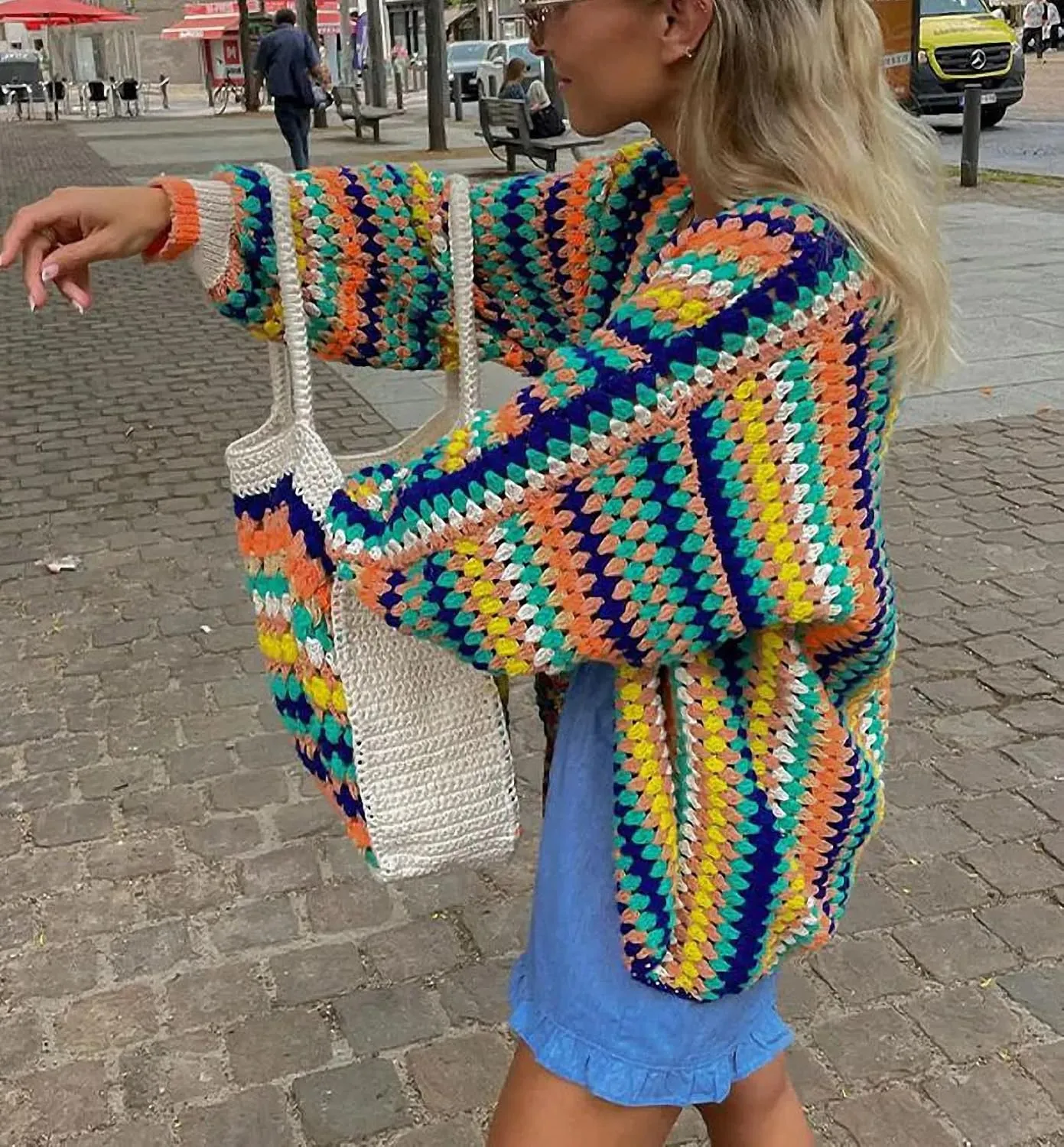 Women Rainbow Contrast Print Crochet Block Stripe Cardigan Sweater Casual Loose Long Sleeve Knitted Bohemian Outerwear