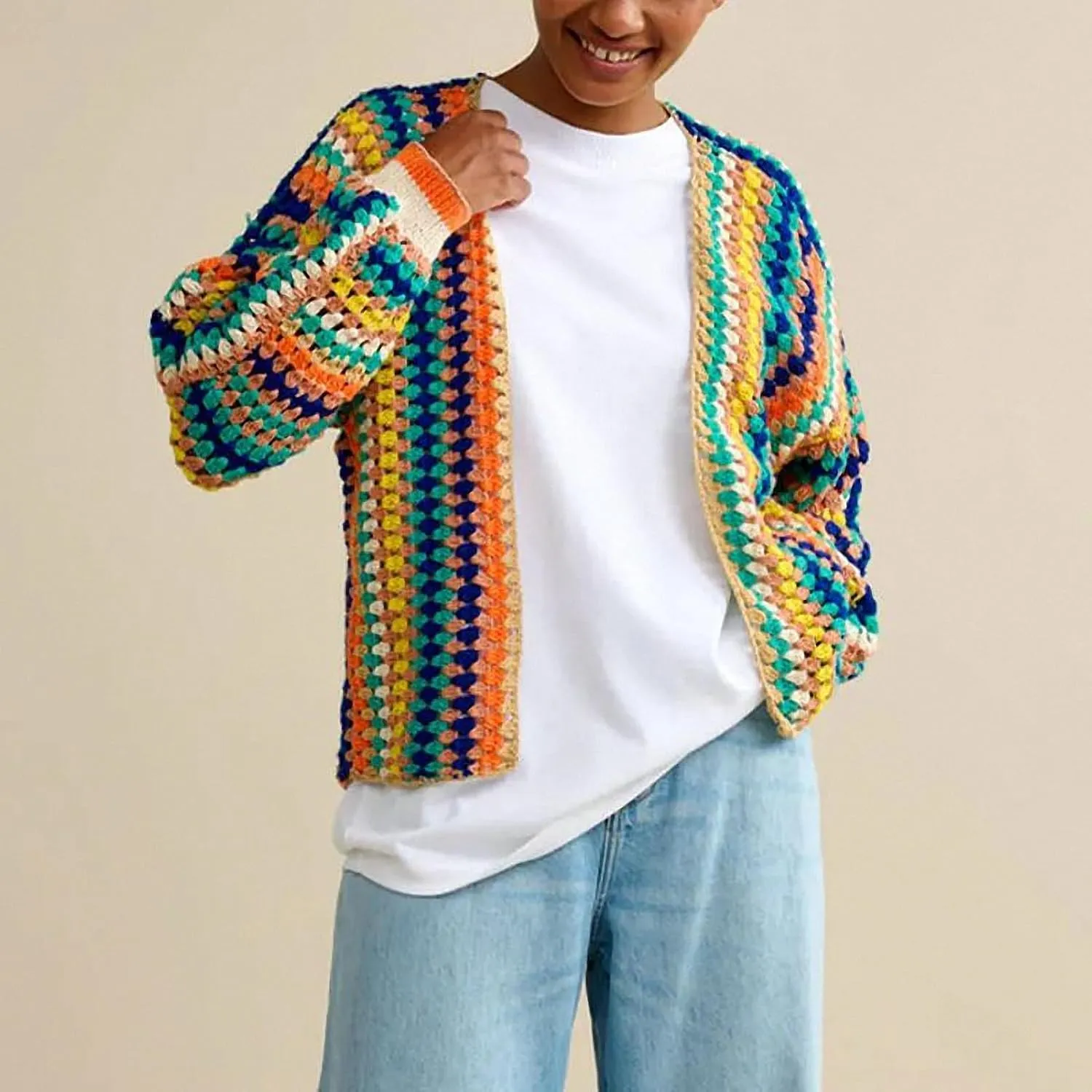 Women Rainbow Contrast Print Crochet Block Stripe Cardigan Sweater Casual Loose Long Sleeve Knitted Bohemian Outerwear