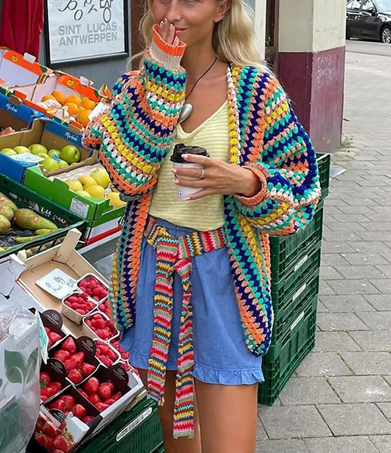 Women Rainbow Contrast Print Crochet Block Stripe Cardigan Sweater Casual Loose Long Sleeve Knitted Bohemian Outerwear
