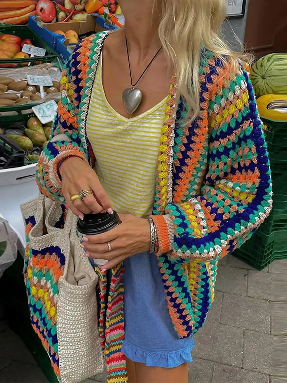 Women Rainbow Contrast Print Crochet Block Stripe Cardigan Sweater Casual Loose Long Sleeve Knitted Bohemian Outerwear