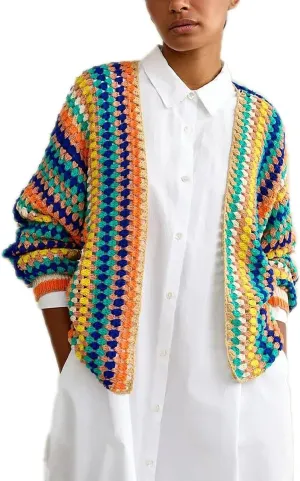 Women Rainbow Contrast Print Crochet Block Stripe Cardigan Sweater Casual Loose Long Sleeve Knitted Bohemian Outerwear