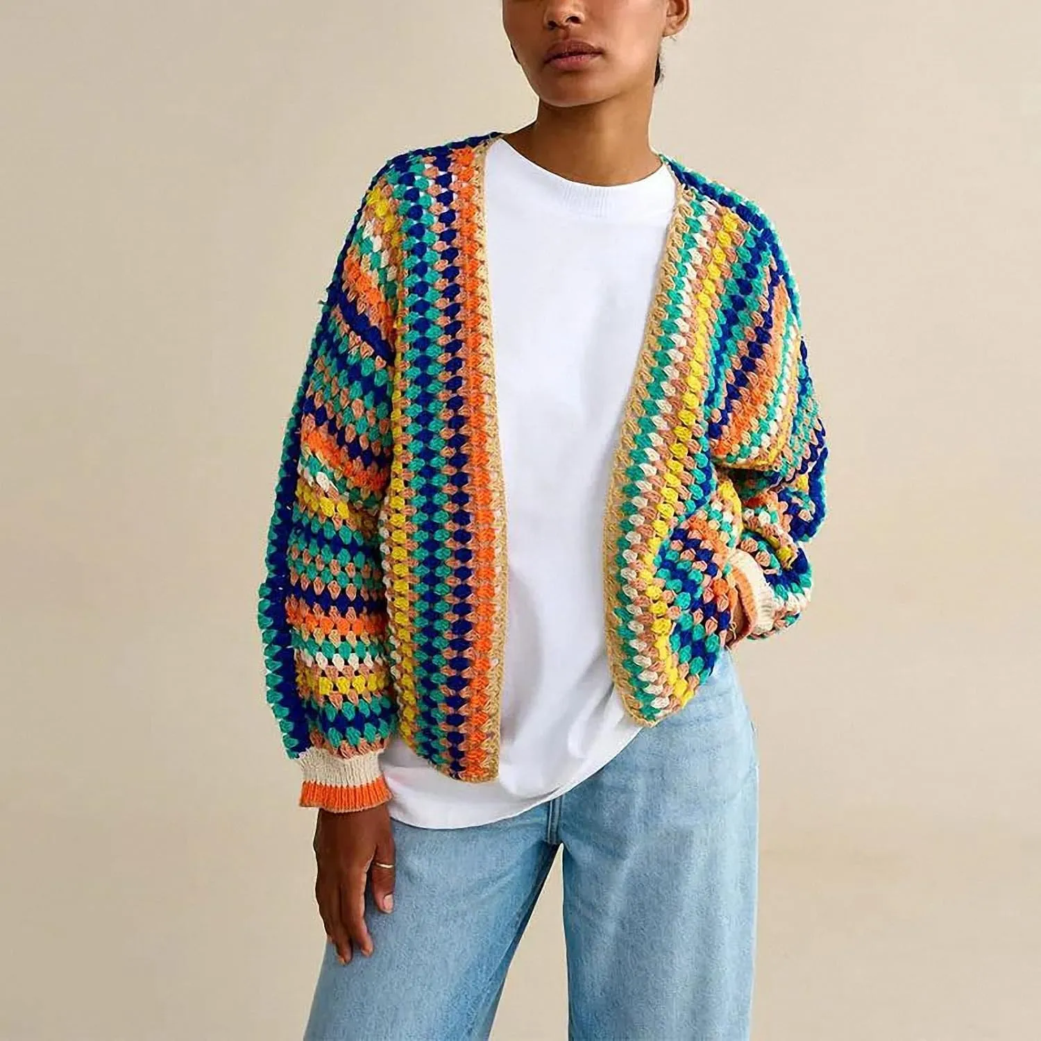 Women Rainbow Contrast Print Crochet Block Stripe Cardigan Sweater Casual Loose Long Sleeve Knitted Bohemian Outerwear