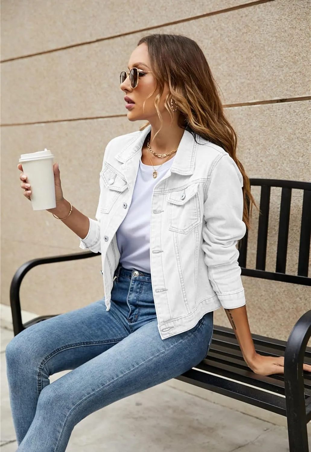 Women 's Basic Denim Jacket Casual Long Sleeve Button Down Stretchy Jean Jacket Coat