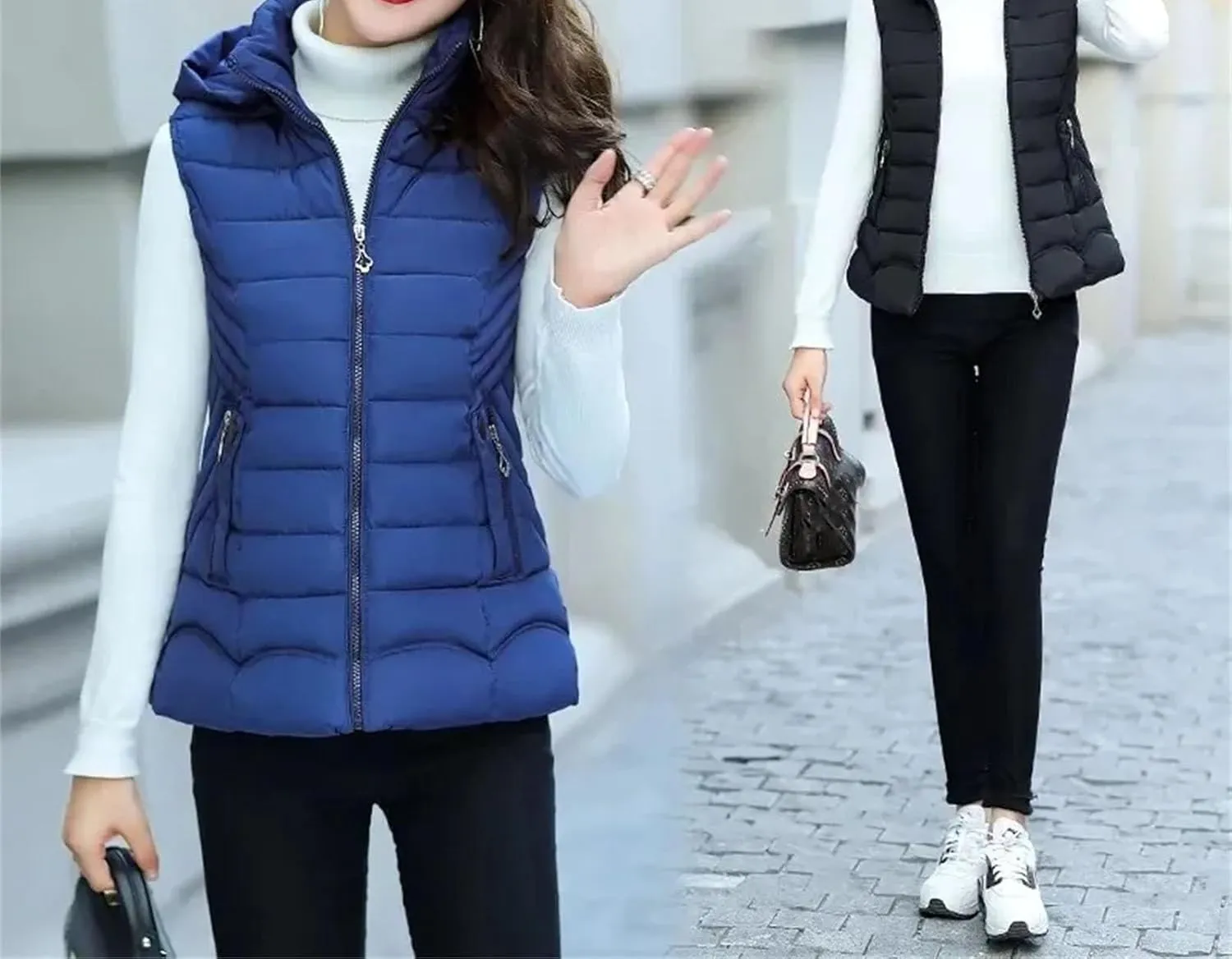 Women Short Parka Winter Hooded Down Vest Cotton Padded Jacket Stand Collar Sleeveless Waistcoat