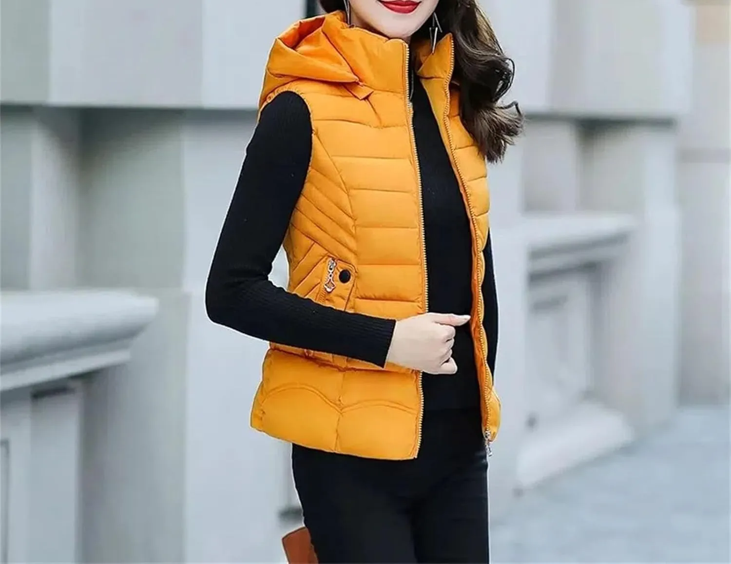 Women Short Parka Winter Hooded Down Vest Cotton Padded Jacket Stand Collar Sleeveless Waistcoat