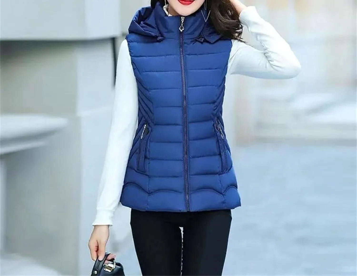 Women Short Parka Winter Hooded Down Vest Cotton Padded Jacket Stand Collar Sleeveless Waistcoat