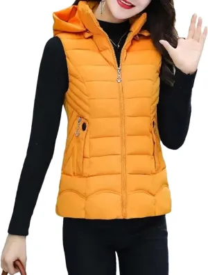 Women Short Parka Winter Hooded Down Vest Cotton Padded Jacket Stand Collar Sleeveless Waistcoat