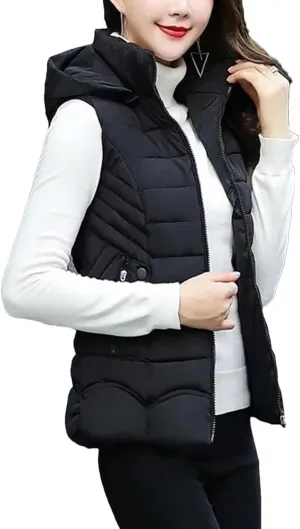 Women Short Parka Winter Hooded Down Vest Cotton Padded Jacket Stand Collar Sleeveless Waistcoat