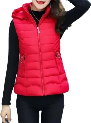Women Short Parka Winter Hooded Down Vest Cotton Padded Jacket Stand Collar Sleeveless Waistcoat