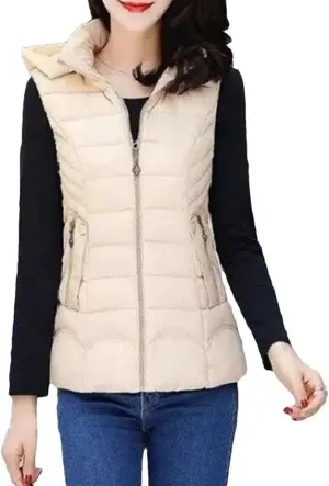 Women Short Parka Winter Hooded Down Vest Cotton Padded Jacket Stand Collar Sleeveless Waistcoat