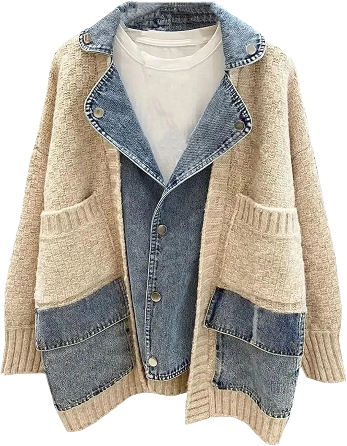 Women Splicing Denim Jacket Loose Knitted Cardigan Coat Long Sleeve Cardigan Sweater