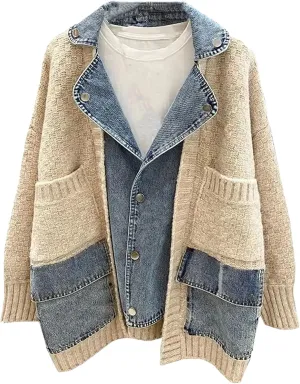 Women Splicing Denim Jacket Loose Knitted Cardigan Coat Long Sleeve Cardigan Sweater