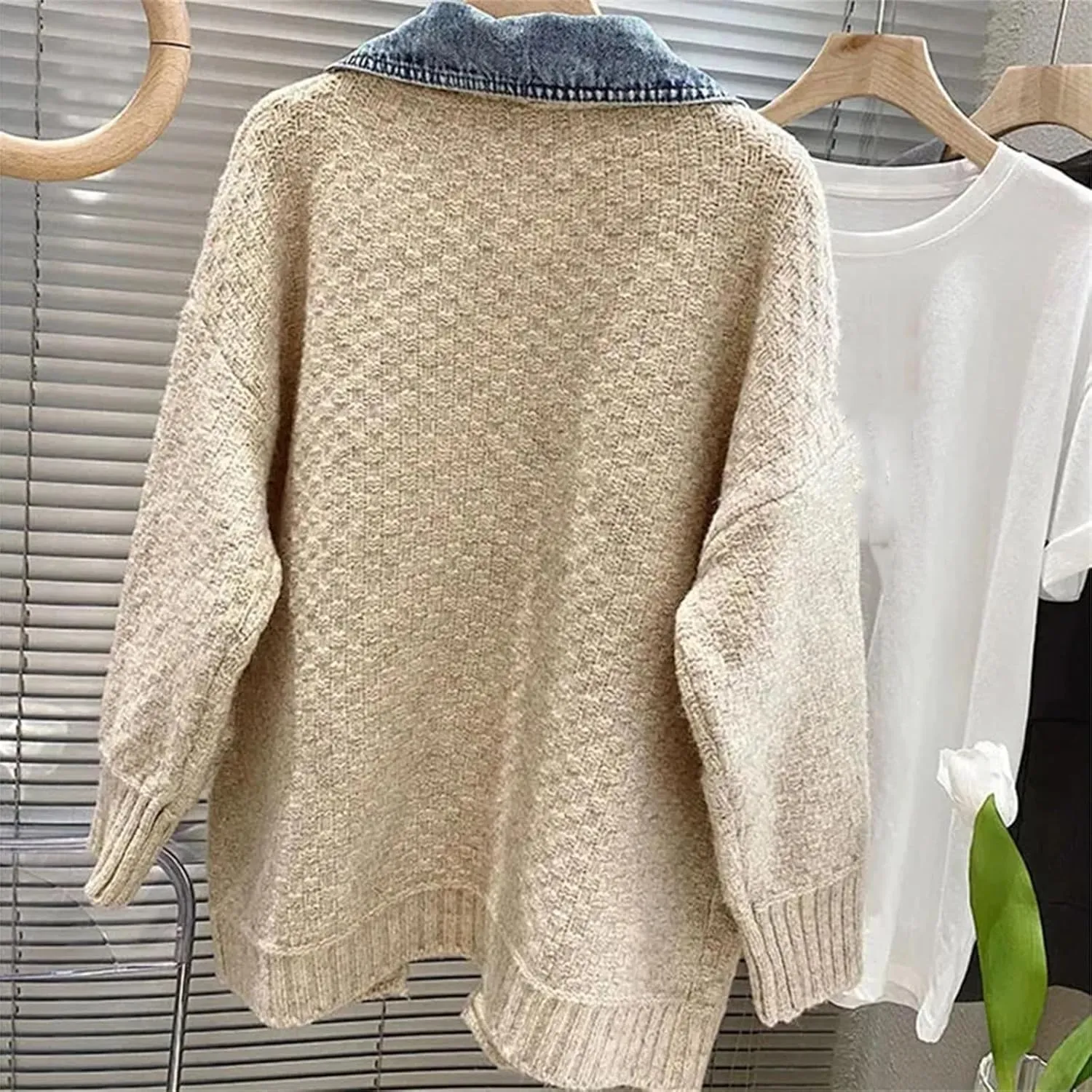 Women Splicing Denim Jacket Loose Knitted Cardigan Coat Long Sleeve Cardigan Sweater