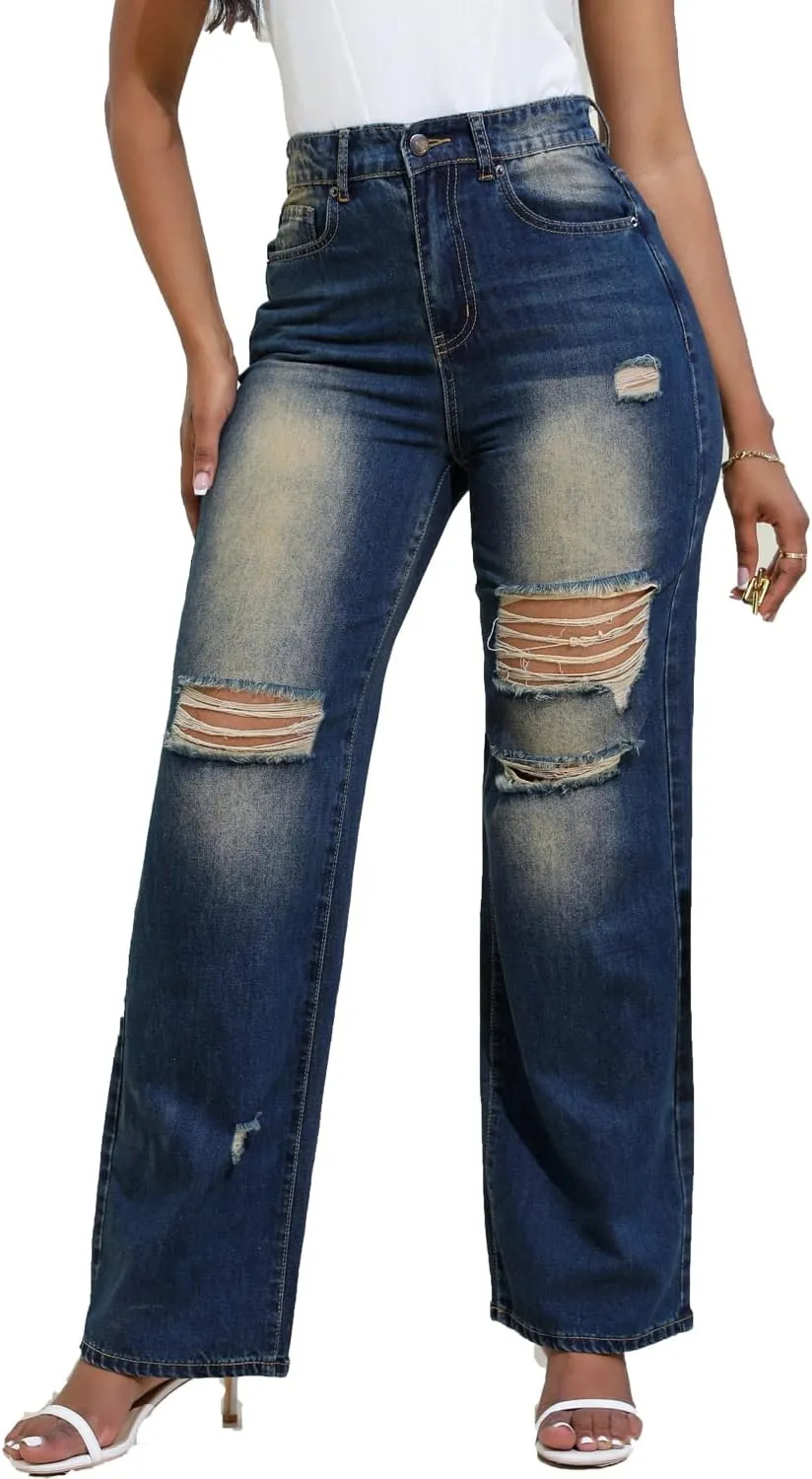 Women Stretchy Distressed Wide Leg Jeans Ripped Mom Baggy Straight Boyfriend Trendy Trouser Denim Pants for Women