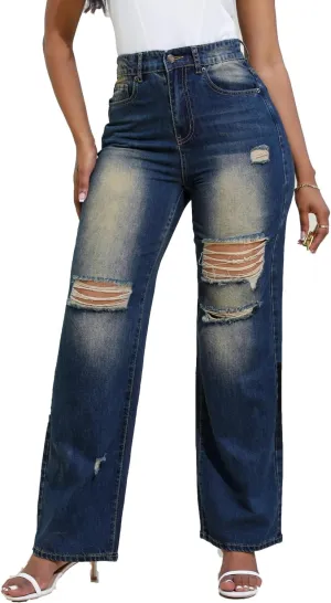 Women Stretchy Distressed Wide Leg Jeans Ripped Mom Baggy Straight Boyfriend Trendy Trouser Denim Pants for Women