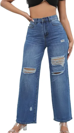 Women Stretchy Distressed Wide Leg Jeans Ripped Mom Baggy Straight Boyfriend Trendy Trouser Denim Pants for Women