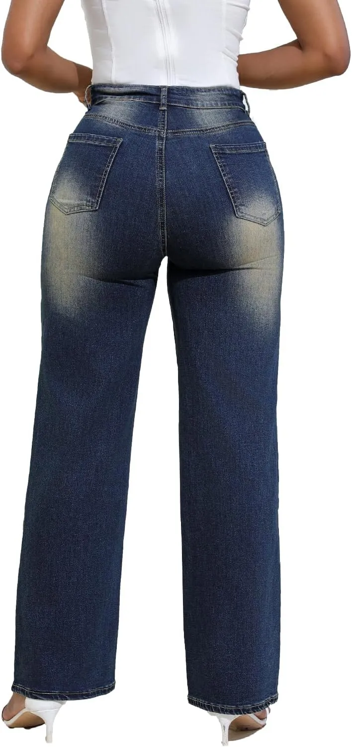 Women Stretchy Distressed Wide Leg Jeans Ripped Mom Baggy Straight Boyfriend Trendy Trouser Denim Pants for Women