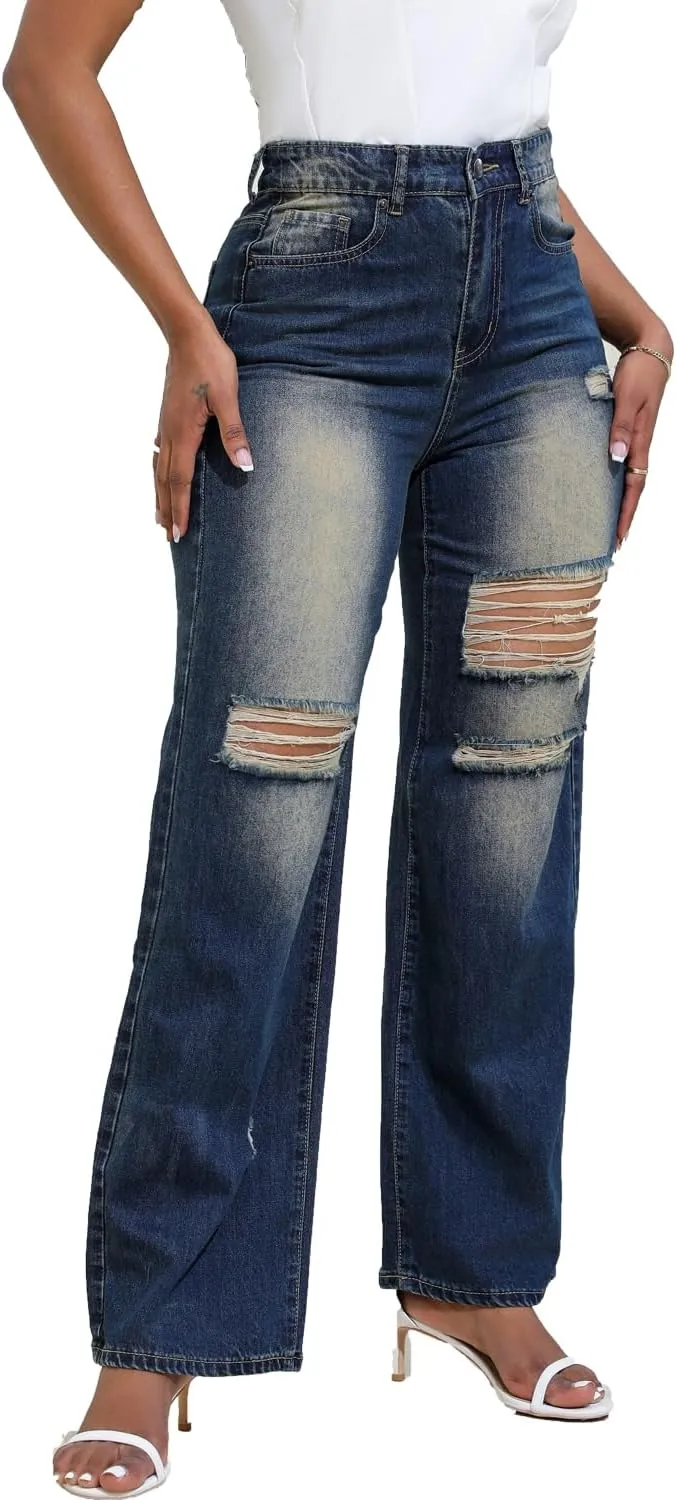Women Stretchy Distressed Wide Leg Jeans Ripped Mom Baggy Straight Boyfriend Trendy Trouser Denim Pants for Women