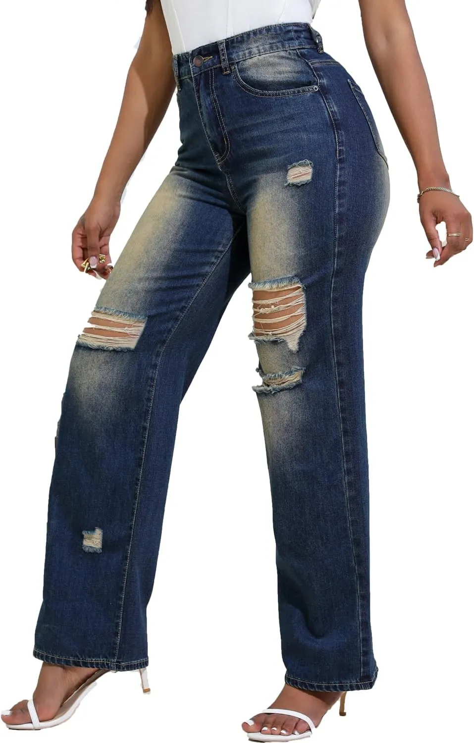 Women Stretchy Distressed Wide Leg Jeans Ripped Mom Baggy Straight Boyfriend Trendy Trouser Denim Pants for Women