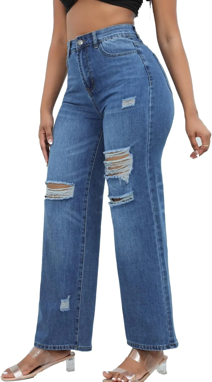 Women Stretchy Distressed Wide Leg Jeans Ripped Mom Baggy Straight Boyfriend Trendy Trouser Denim Pants for Women