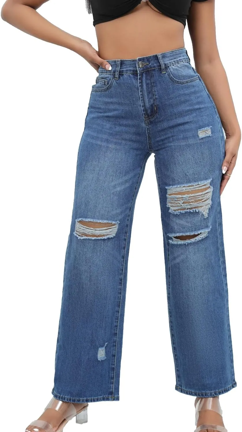 Women Stretchy Distressed Wide Leg Jeans Ripped Mom Baggy Straight Boyfriend Trendy Trouser Denim Pants for Women