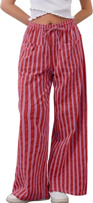 Women Striped Drawstring Wide Leg Pants Loose Low Waist Casual Trousers Contrast Comfy Lounge Pants with Pockets
