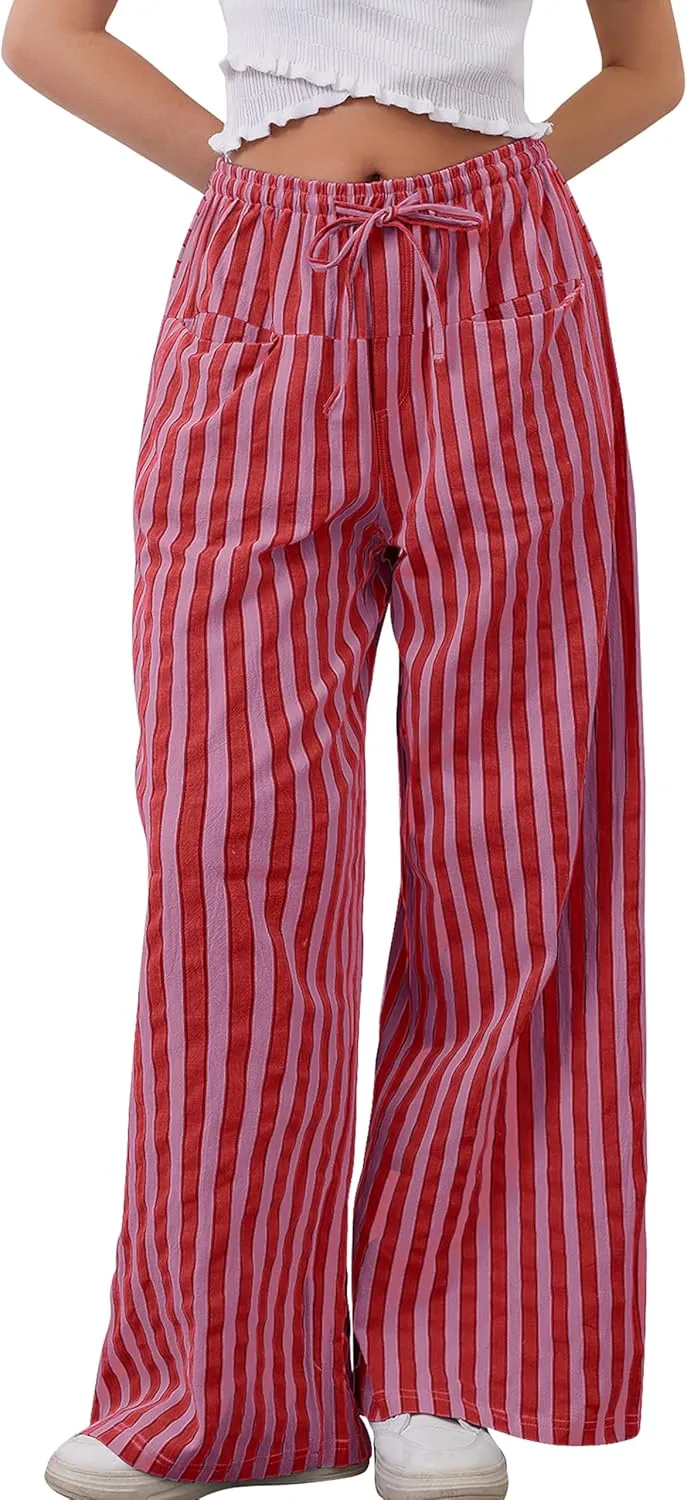 Women Striped Drawstring Wide Leg Pants Loose Low Waist Casual Trousers Contrast Comfy Lounge Pants with Pockets