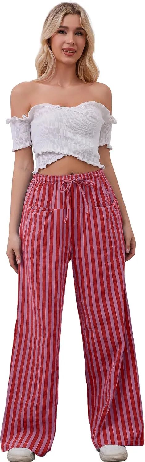 Women Striped Drawstring Wide Leg Pants Loose Low Waist Casual Trousers Contrast Comfy Lounge Pants with Pockets