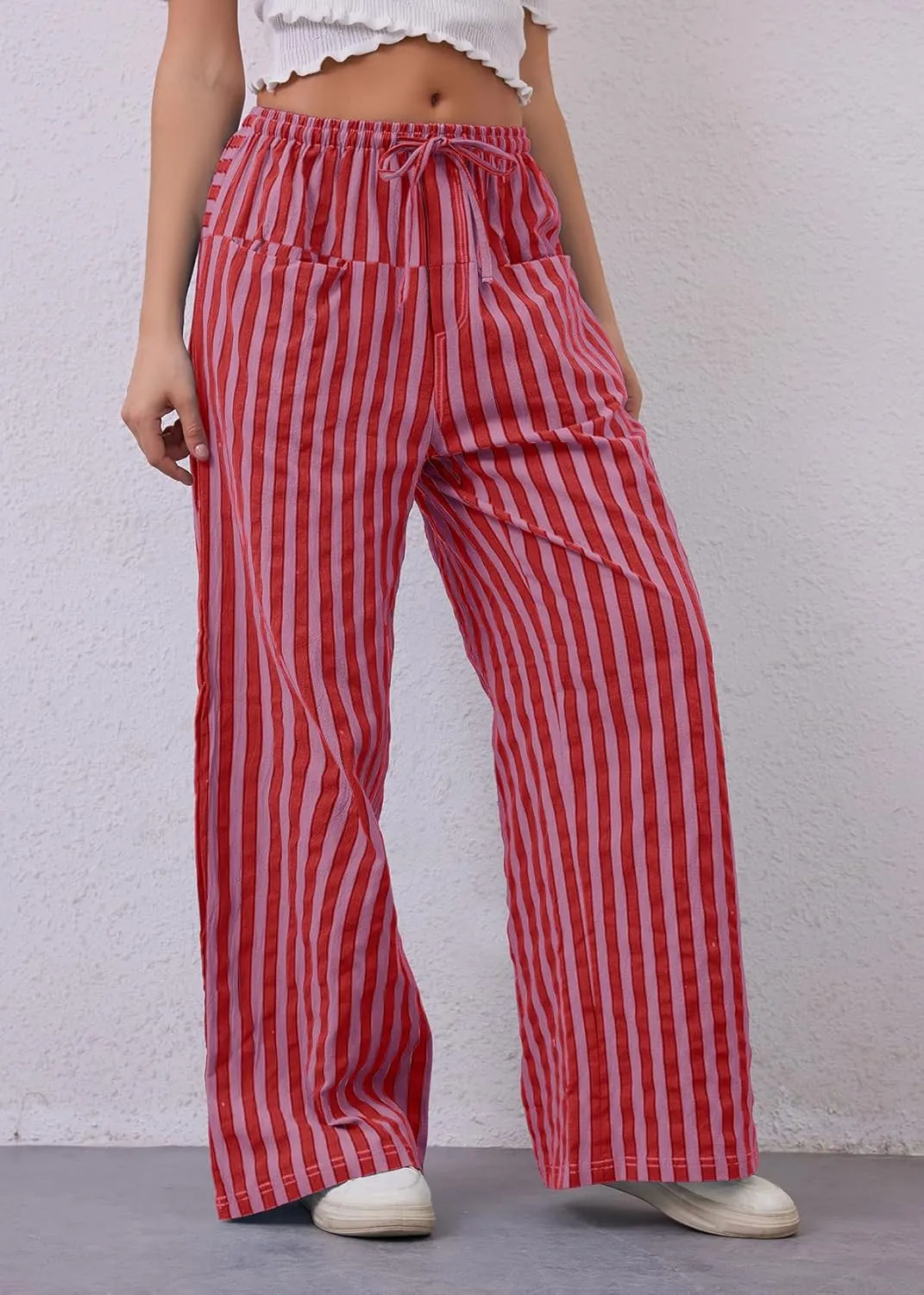 Women Striped Drawstring Wide Leg Pants Loose Low Waist Casual Trousers Contrast Comfy Lounge Pants with Pockets