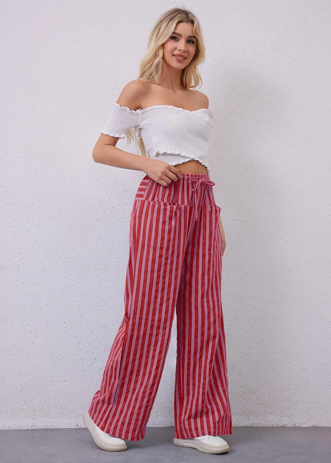 Women Striped Drawstring Wide Leg Pants Loose Low Waist Casual Trousers Contrast Comfy Lounge Pants with Pockets