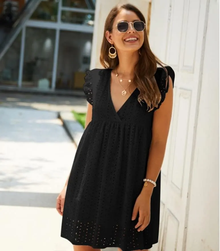 Women Summer Plain Dress Ruffle Sleeve V Neck Casual Loose Flowy Swing Mini Short Dress