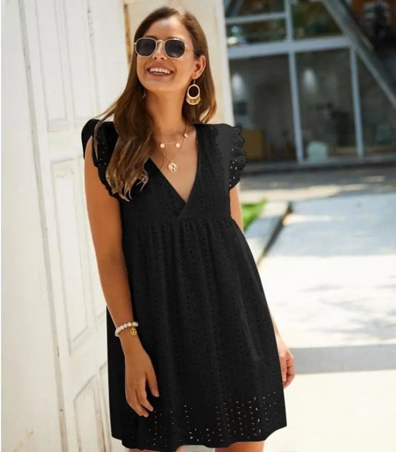 Women Summer Plain Dress Ruffle Sleeve V Neck Casual Loose Flowy Swing Mini Short Dress
