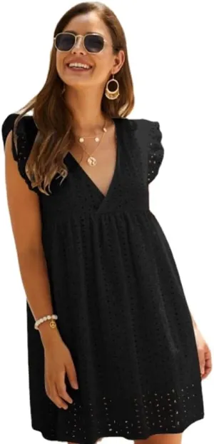 Women Summer Plain Dress Ruffle Sleeve V Neck Casual Loose Flowy Swing Mini Short Dress
