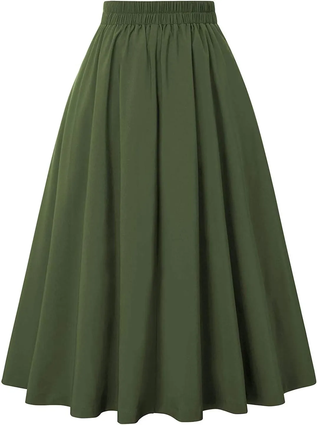 Women Vintage A-Line Skirt Elastic High Waist Pleated Skirt Midi Flared Skirt Versatile Stretchy Basic Casual Skirts