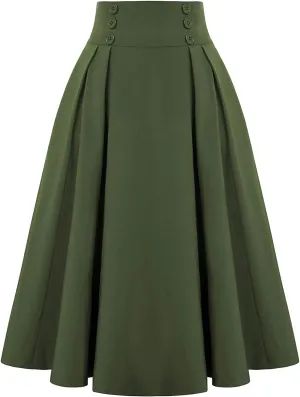 Women Vintage A-Line Skirt Elastic High Waist Pleated Skirt Midi Flared Skirt Versatile Stretchy Basic Casual Skirts
