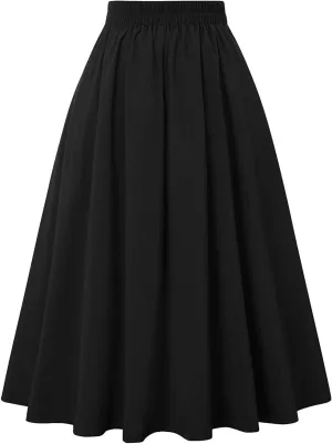 Women Vintage A-Line Skirt Elastic High Waist Pleated Skirt Midi Flared Skirt Versatile Stretchy Basic Casual Skirts