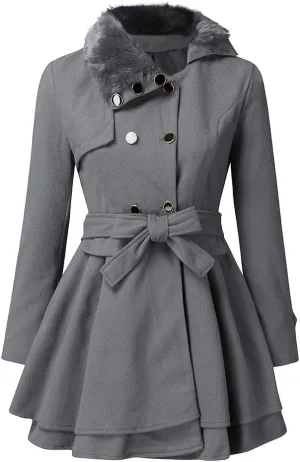 Women Winter Warm Coat Double Breasted Trench Long Sleeve Peacoat Faux Fur Collar Lapel Flared Hem Belted Jacket