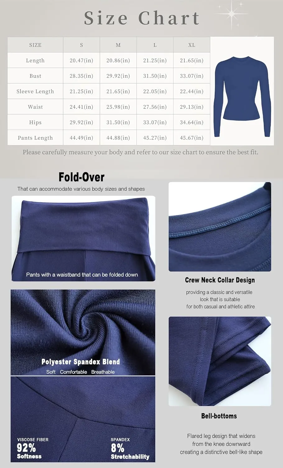 Women's 2 Piece Casual Pajama Set-Slim Fit Long Sleeve Top Low Rise Bell Bottoms-Versatile Yoga Loungewear