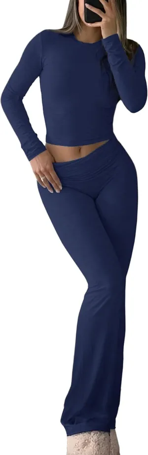 Women's 2 Piece Casual Pajama Set-Slim Fit Long Sleeve Top Low Rise Bell Bottoms-Versatile Yoga Loungewear