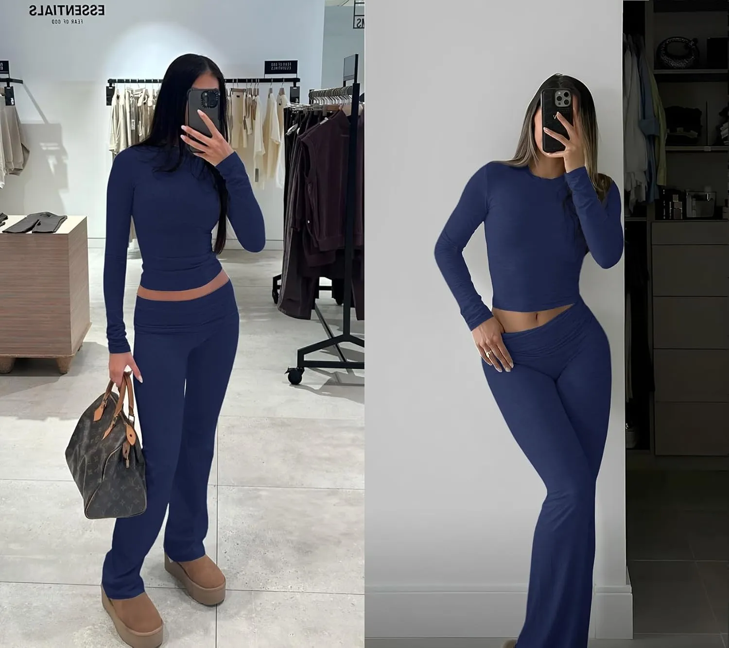 Women's 2 Piece Casual Pajama Set-Slim Fit Long Sleeve Top Low Rise Bell Bottoms-Versatile Yoga Loungewear
