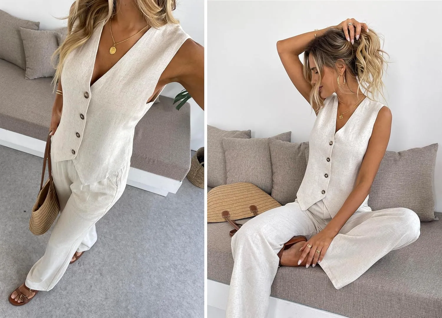 Women's 2 Piece Outfits Linen Vest Waistcoat Dressy Casual Sets Wide Leg Pants Suits