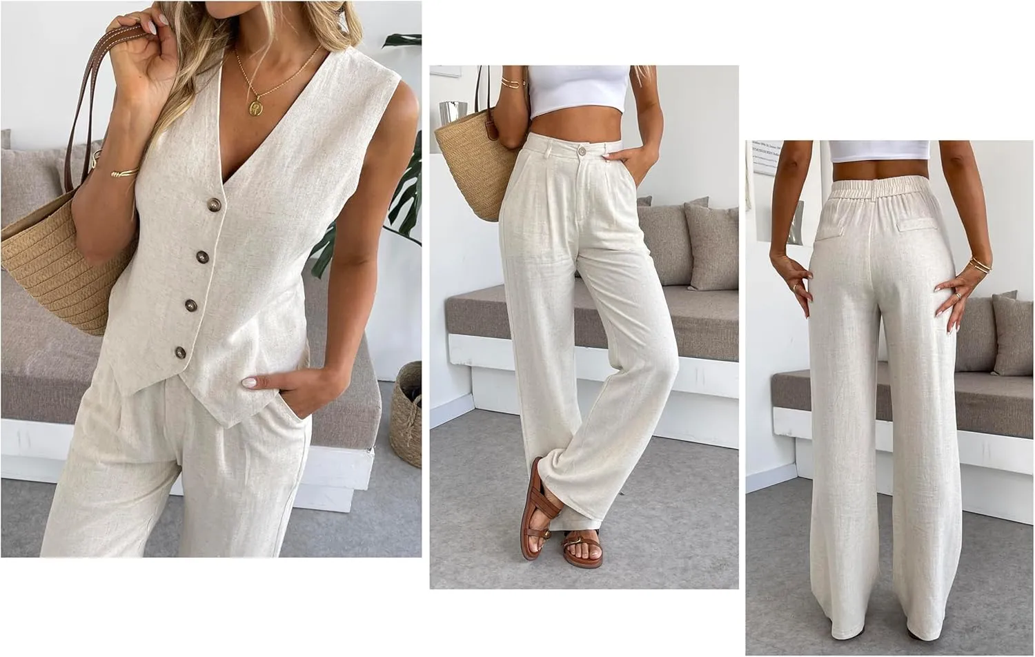Women's 2 Piece Outfits Linen Vest Waistcoat Dressy Casual Sets Wide Leg Pants Suits