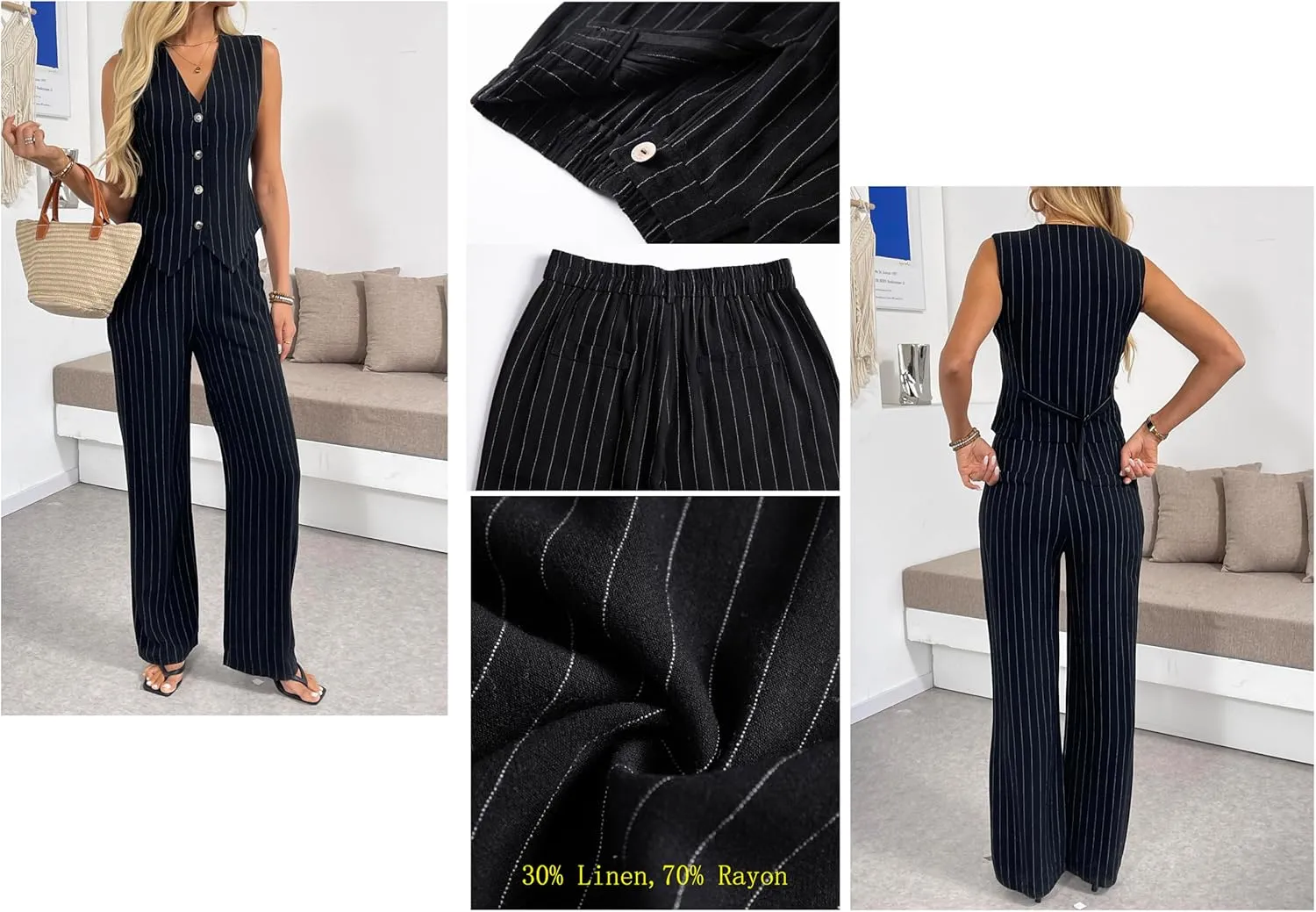 Women's 2 Piece Outfits Linen Vest Waistcoat Dressy Casual Sets Wide Leg Pants Suits