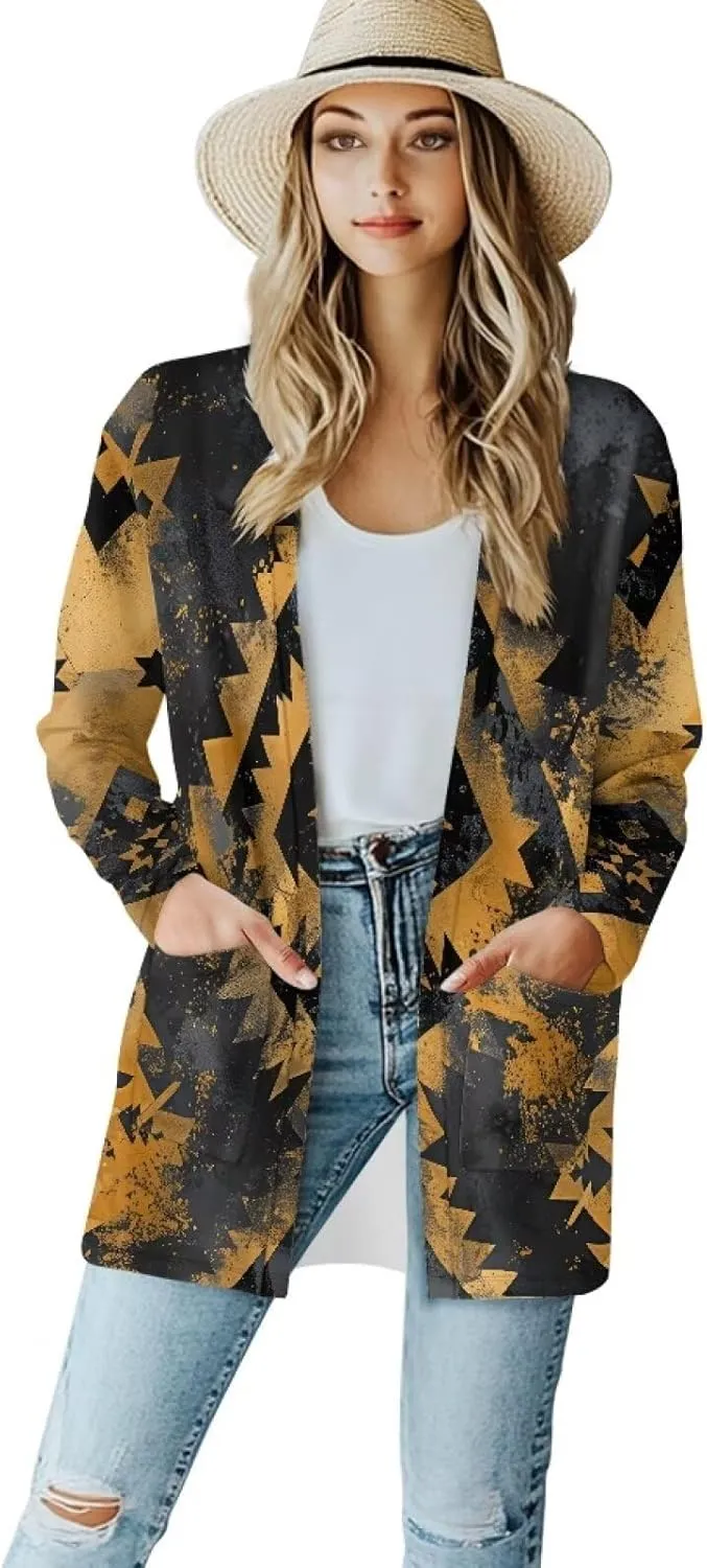 Women's Aztec Open-Front Jacket Lightweight Casual Outerwear Native Western Aztec Pattern & Plaid Houndstooth Print