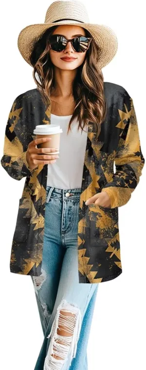 Women's Aztec Open-Front Jacket Lightweight Casual Outerwear Native Western Aztec Pattern & Plaid Houndstooth Print