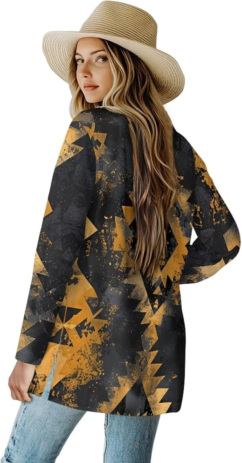 Women's Aztec Open-Front Jacket Lightweight Casual Outerwear Native Western Aztec Pattern & Plaid Houndstooth Print
