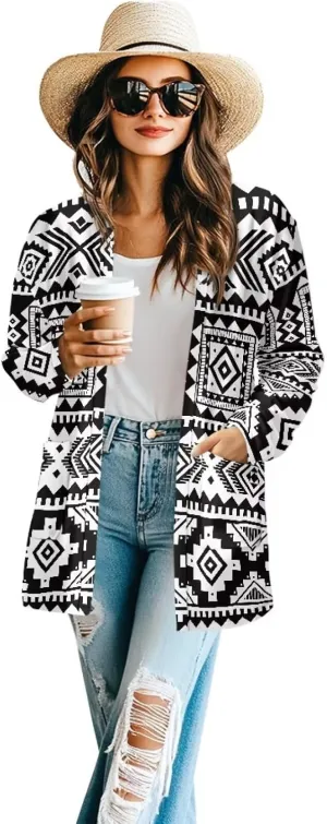 Women's Aztec Open-Front Jacket Lightweight Casual Outerwear Native Western Aztec Pattern & Plaid Houndstooth Print