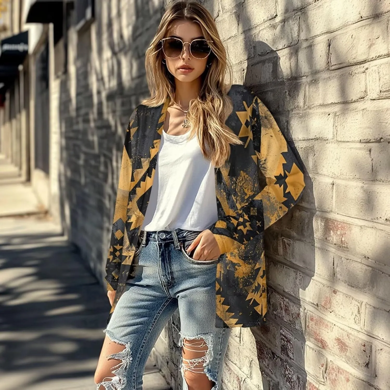 Women's Aztec Open-Front Jacket Lightweight Casual Outerwear Native Western Aztec Pattern & Plaid Houndstooth Print